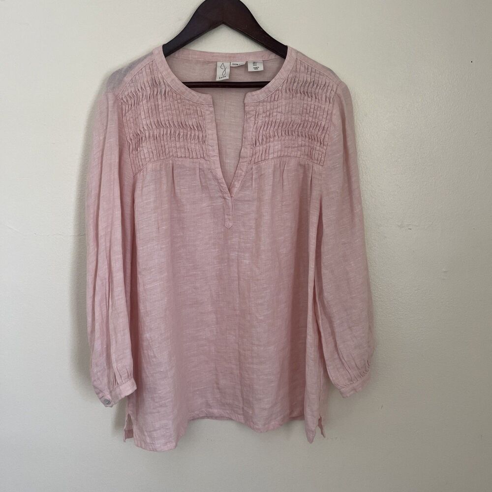 JOIE Pure Linen V Neck Pintuck Accent 3/4 Sleeve Blouse, Dusty Pink- Large